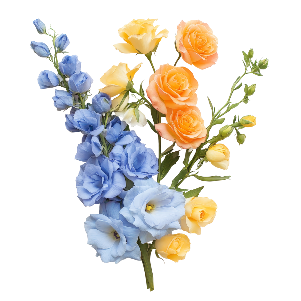 Delicate arrangement of blue delphiniums with apricot orange roses in spring bloom, Blue Delphiniums complemented by Apricot Orange Roses and Lemon Yellow Freesias transparent background png