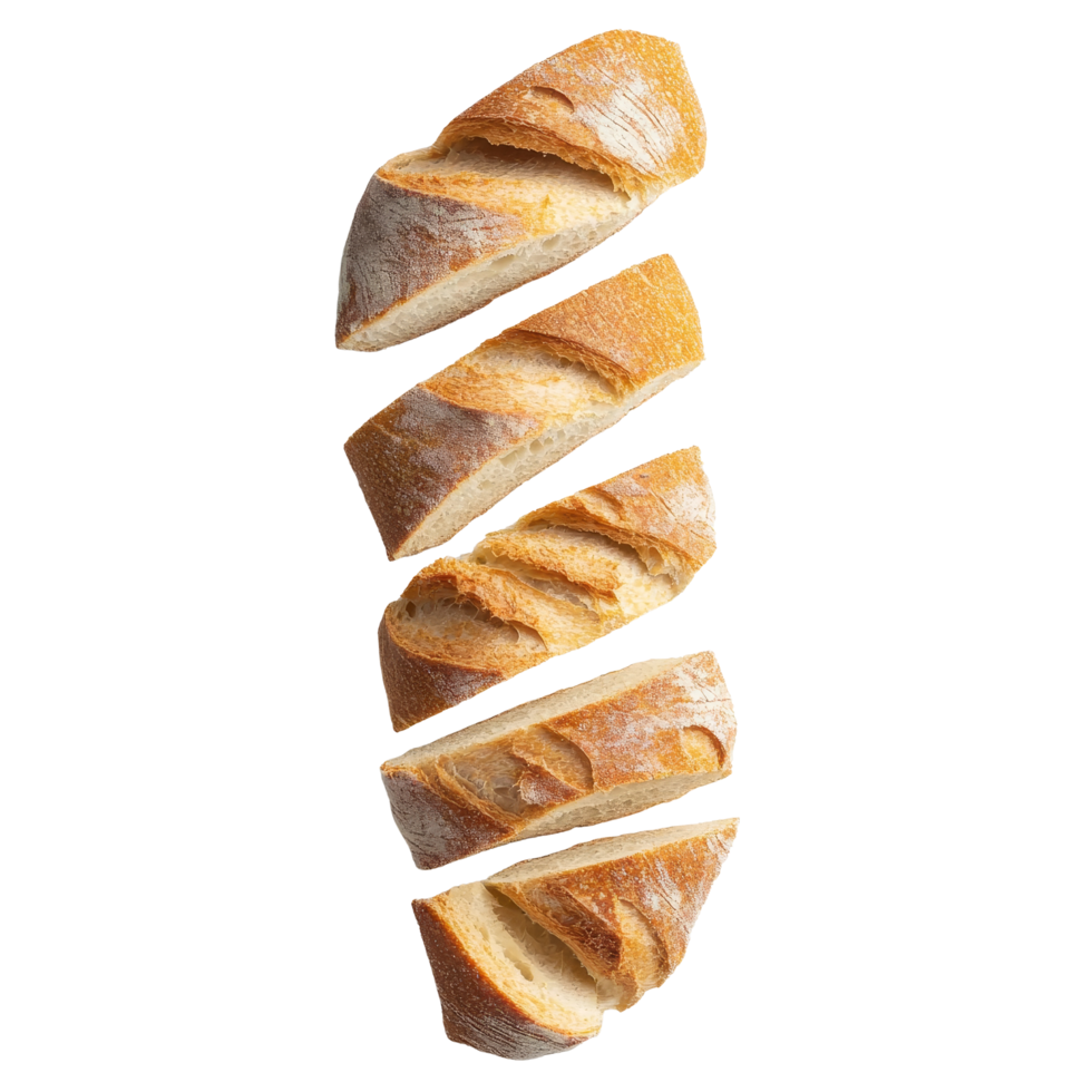 Sliced baguette viewed from above on a light surface showcasing its golden crust and soft interior, Different angle of sliced baguette isolated png