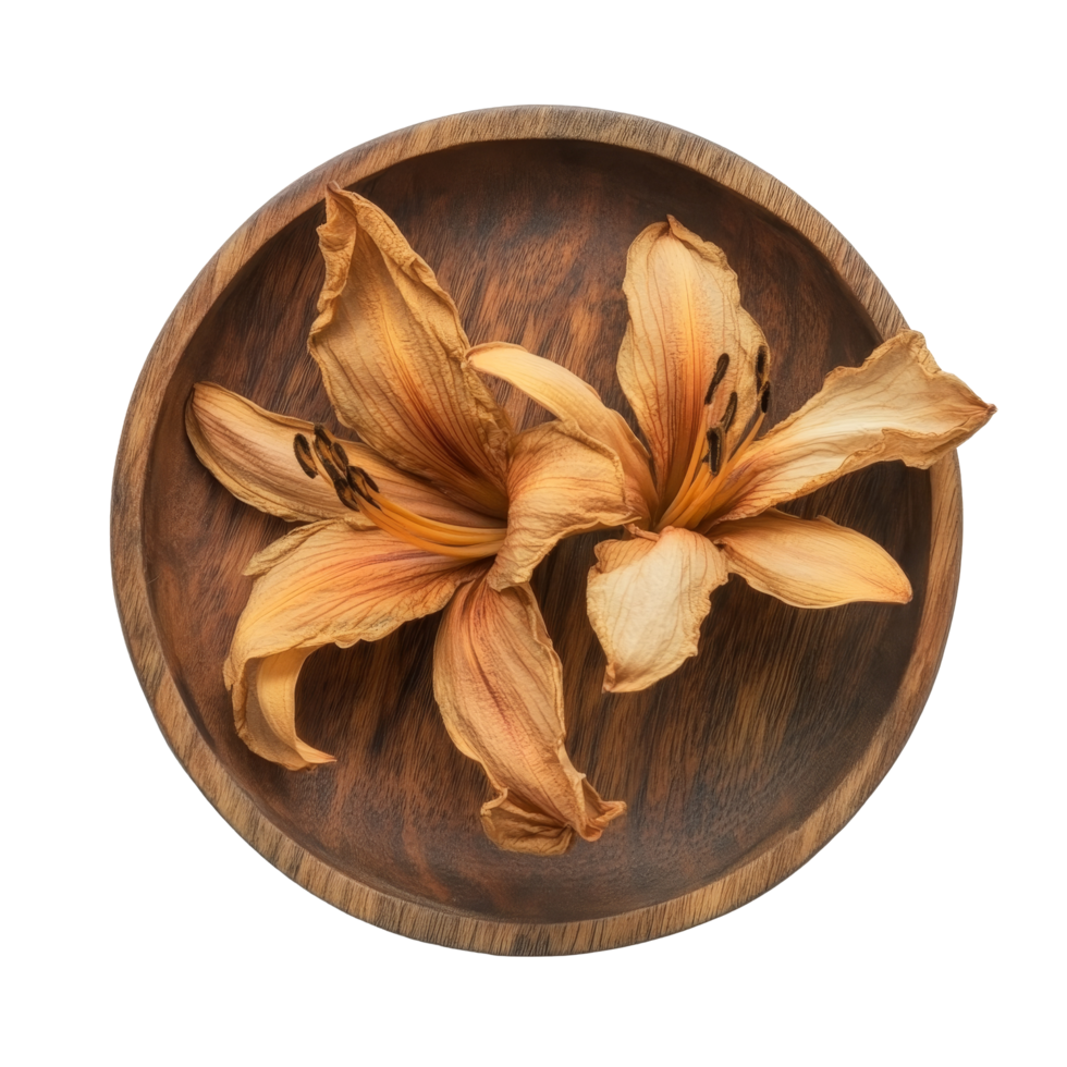 Dried day lily flowers arranged in a wooden plate on a transparent backdrop showcasing natural beauty and simplicity, dried day lily flower in wood plate on transparent background png