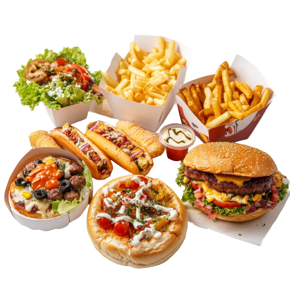 An array of fresh fast food options featuring burgers, hot dogs, and fries artfully displayed on a transparent background, Fresh different type fast food on a transparent background png
