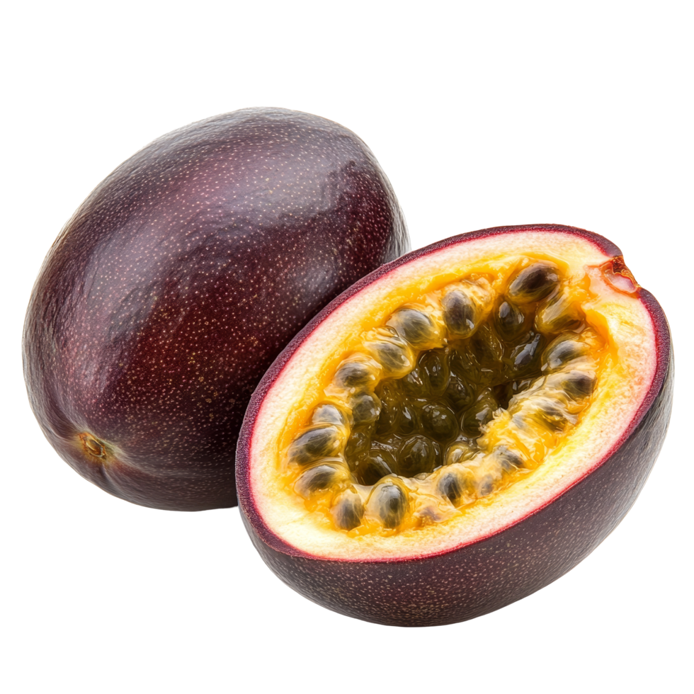Freshly cut passion fruit revealing juicy pulp and seeds on a transparent background, Passion fruit on transparent background png