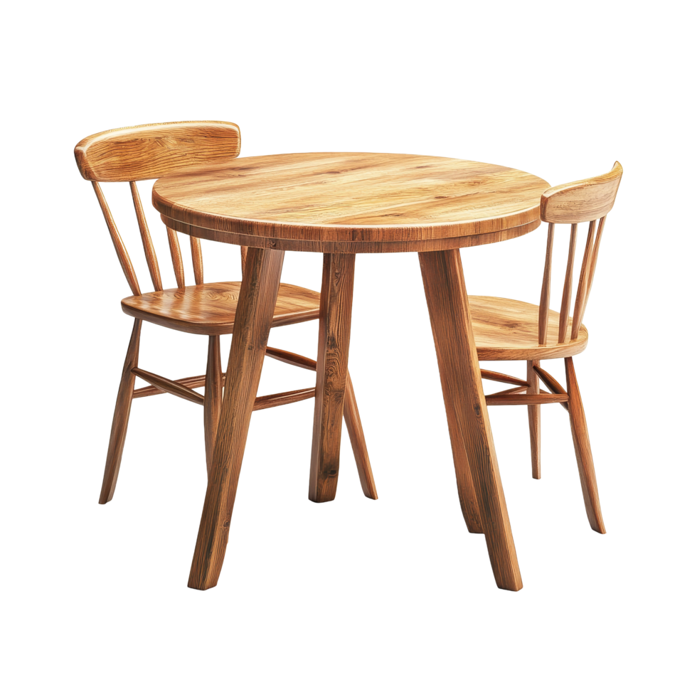 A round wooden table with two matching chairs, ideal for dining or casual gatherings on a transparent background, Wood table and chair on transparent background. wooden table with chair transparent png