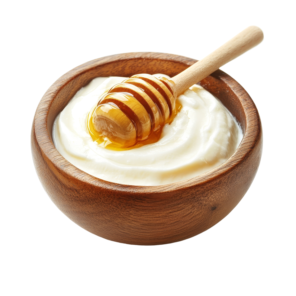 Delicious honey drizzled over yogurt in a wooden bowl on a clean transparent background perfect for healthfocused meals, Honey with yogurt in a wooden bowl on a transparent background png