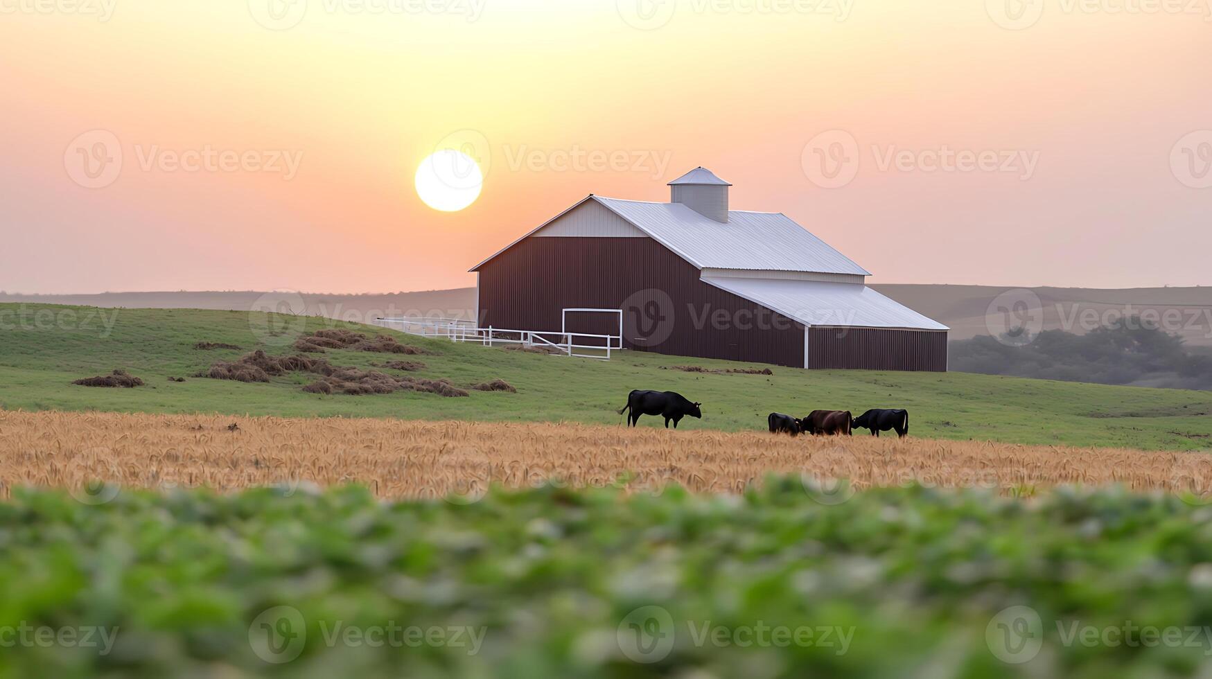Serene sunset over a rural farm with grazing cattle and golden fields in the background photo