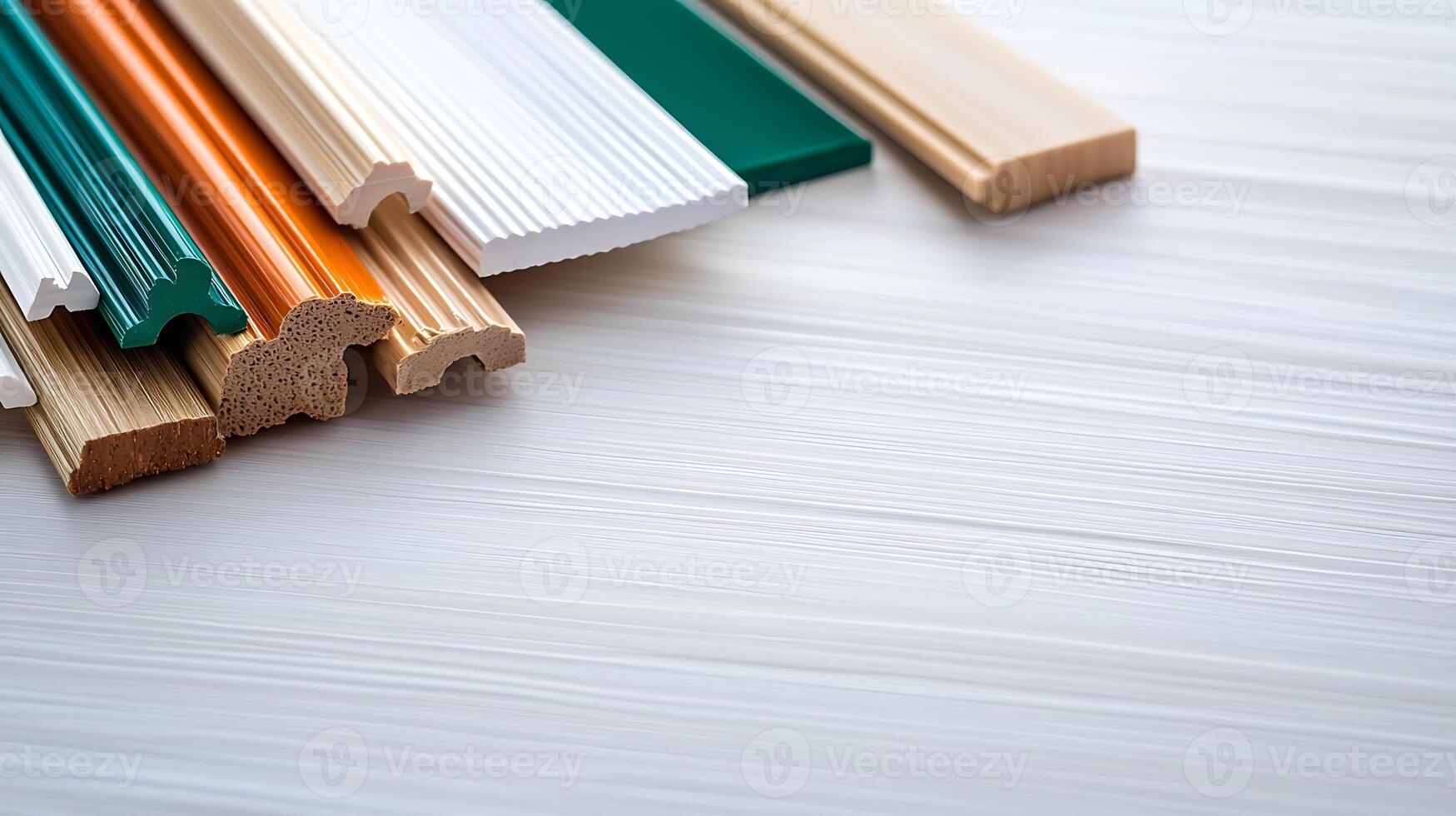 Various colorful molding and trim pieces arranged on a smooth surface for construction projects photo