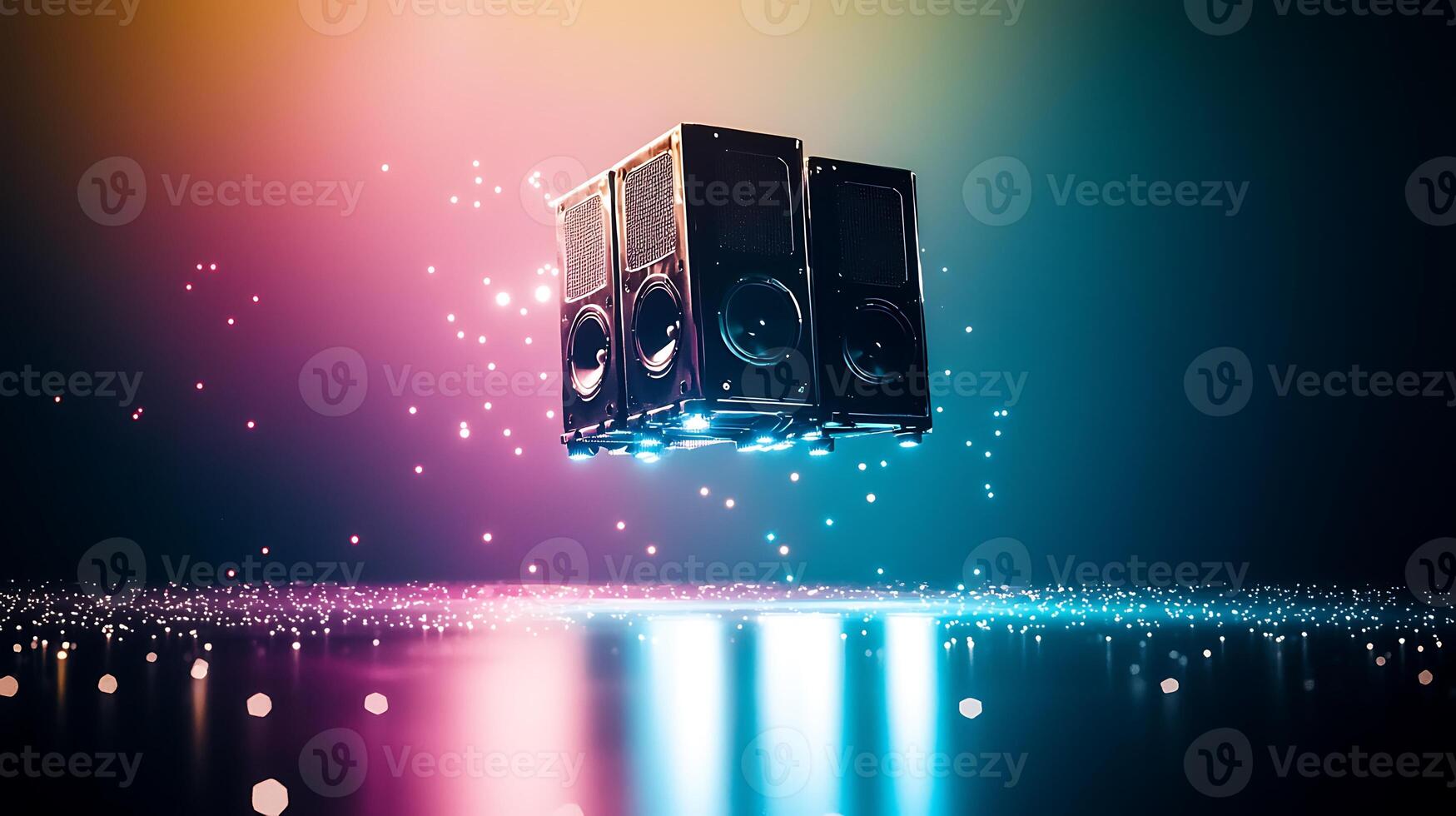 Floating speakers illuminated in vibrant colors against a shimmering background with sparkles photo