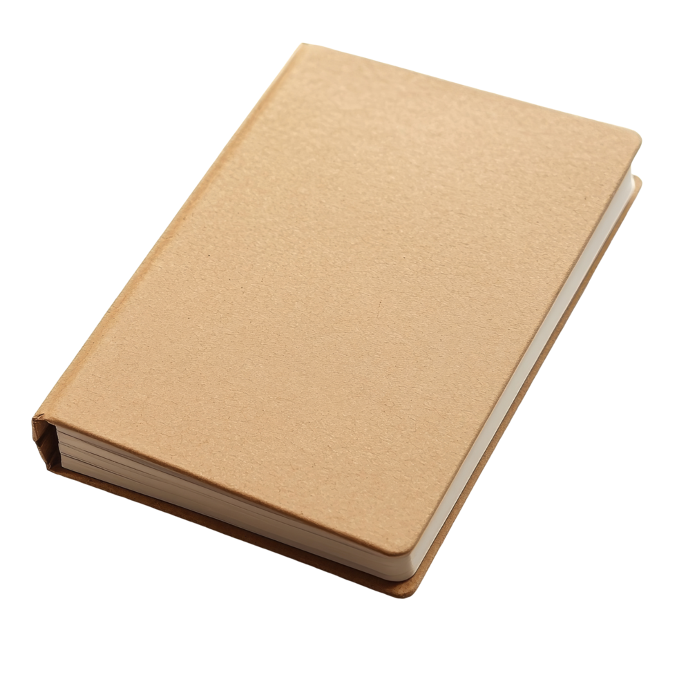 Closed brown paper notebook resting on a flat surface, showcasing a simple and minimalist design, Closed brown paper notebook. Realisticphotography isolated on transparent background. png