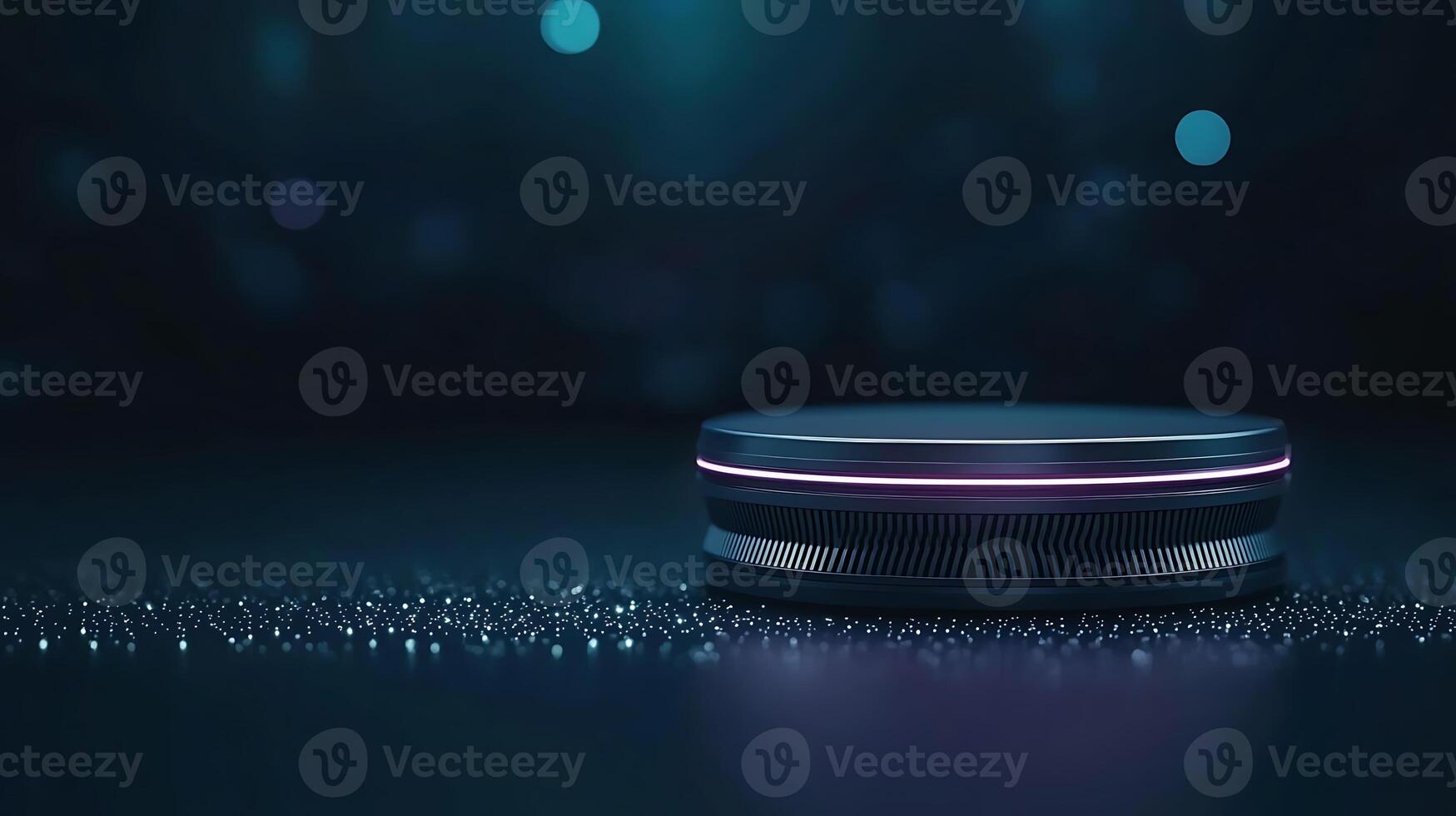 Modern smart home device on a sleek surface, illuminated by soft blue lights in the background photo