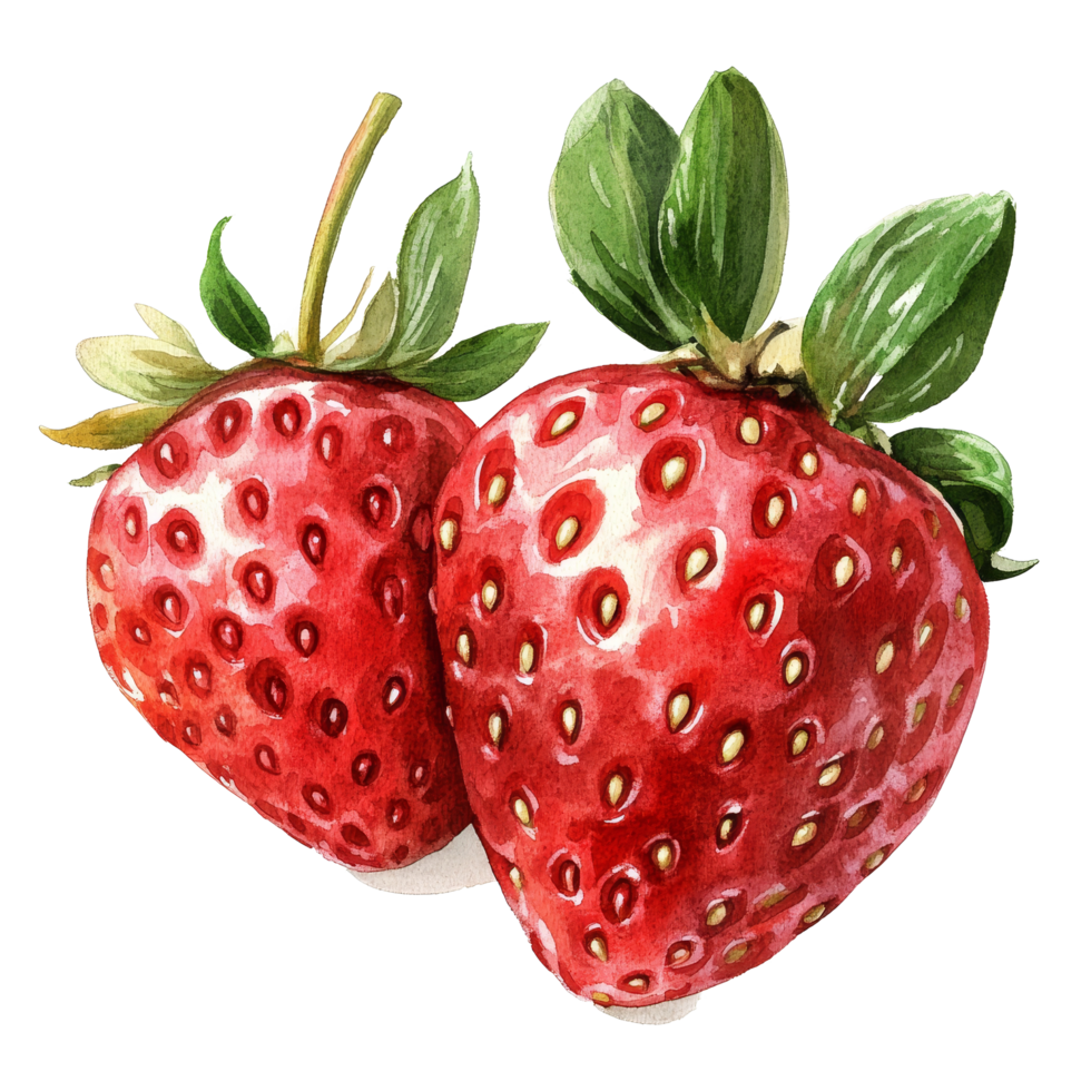 Two ripe strawberries in vibrant watercolor on a clean transparent background showcasing their natural beauty, strawberries in drawing isolated on transparent background png