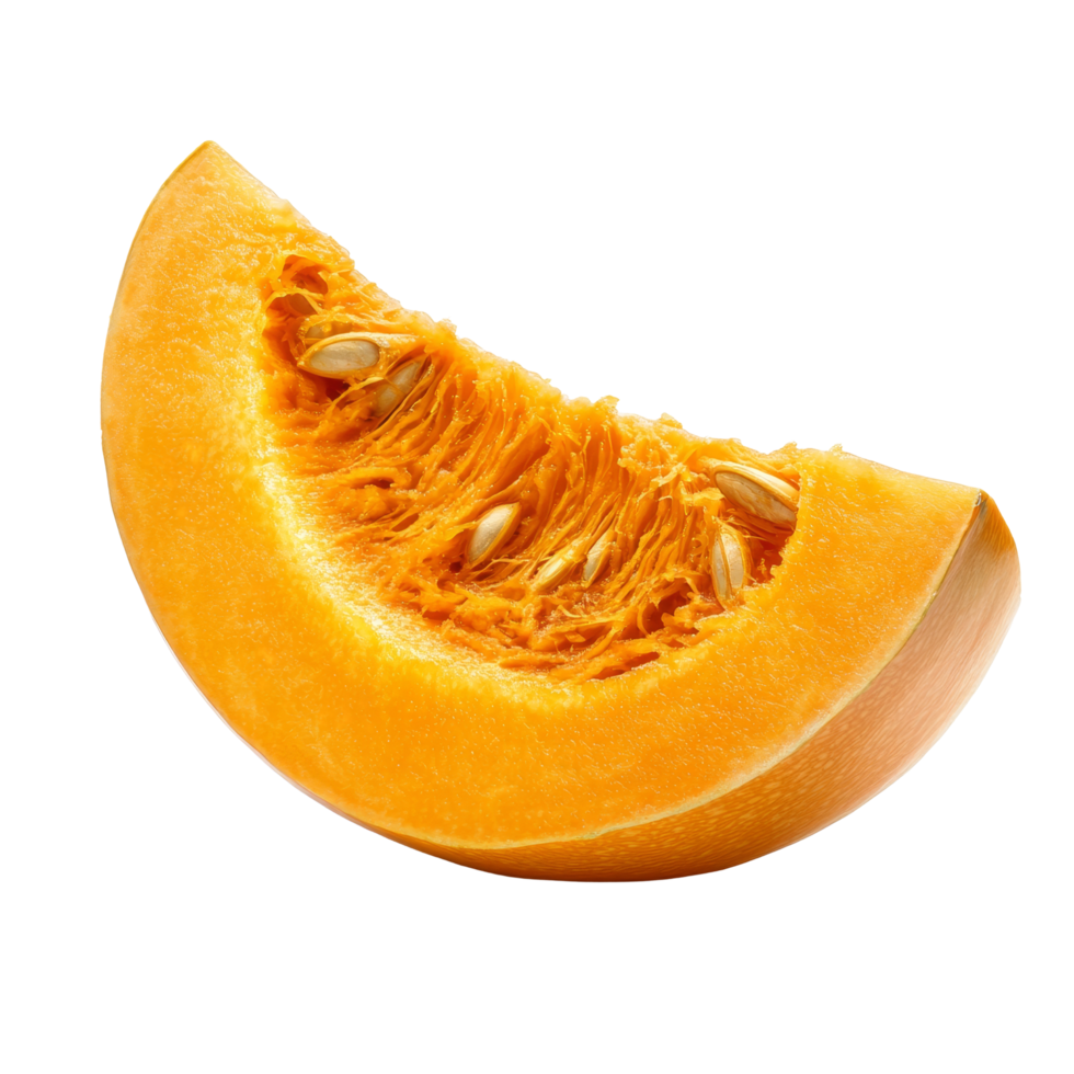 Fresh pumpkin slice isolated on a transparent background, showcasing vibrant orange color and textured interior, Pumpkin slice isolated on transparent background png