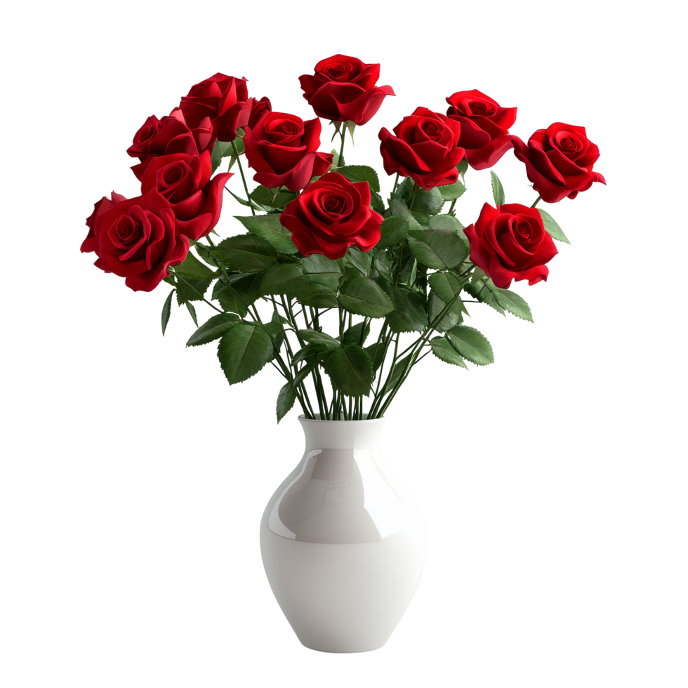 Vibrant red roses arranged beautifully in a transparent vase on a clean transparent background showcasing floral elegance, Red Roses in a Vase Isolated on transparent background png