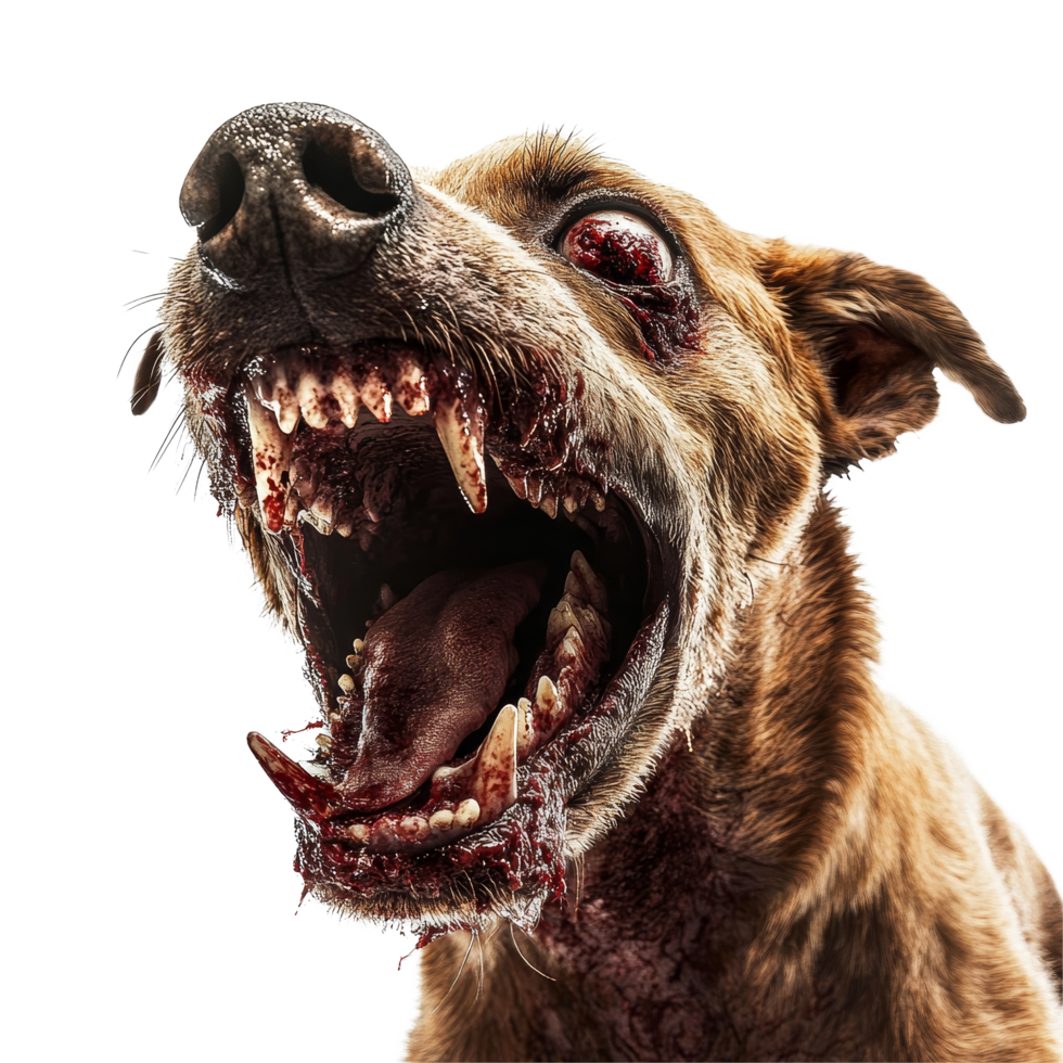 A terrifying zombie dog with bloodied fur and a fierce growl on a plain transparent background, Scary zombie dog on transparent background png