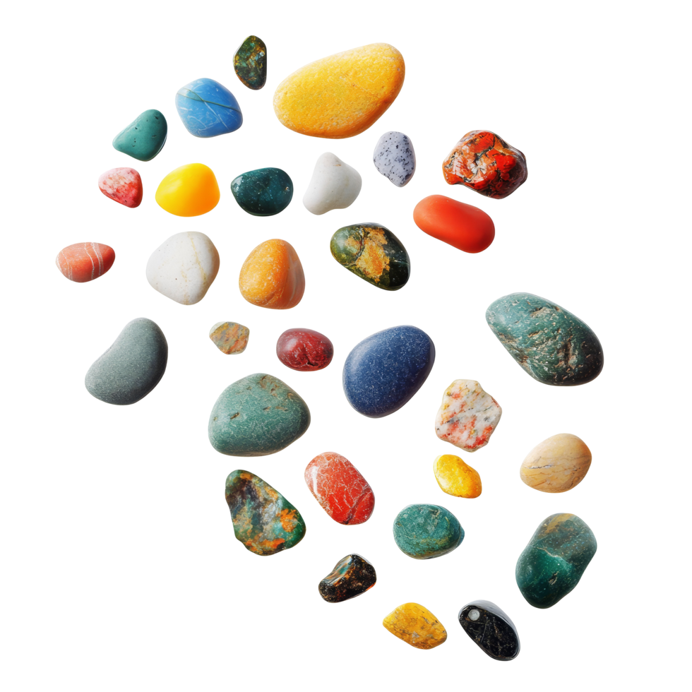 Colorful pebbles soaring through the air against a plain background in an artistic arrangement, Various colorful pebble flying in the air isolated on transparent background png