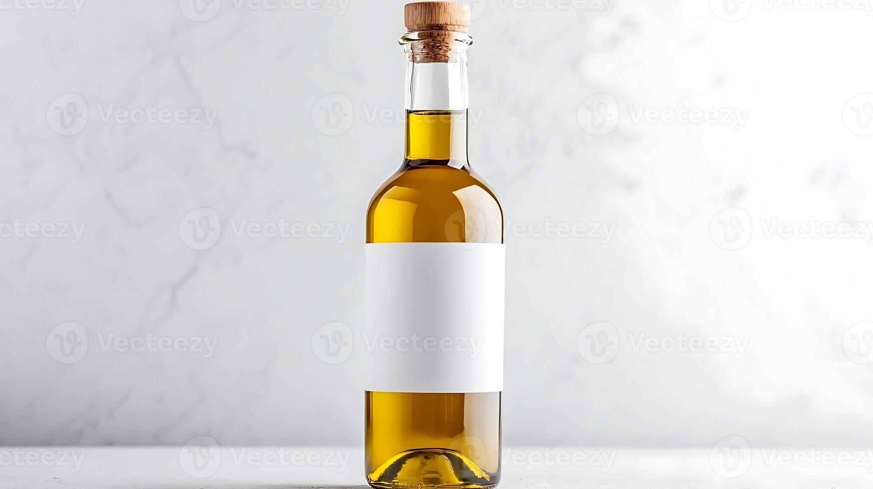 A clear glass bottle filled with olive oil, set against a marble background, showcasing simplicity photo