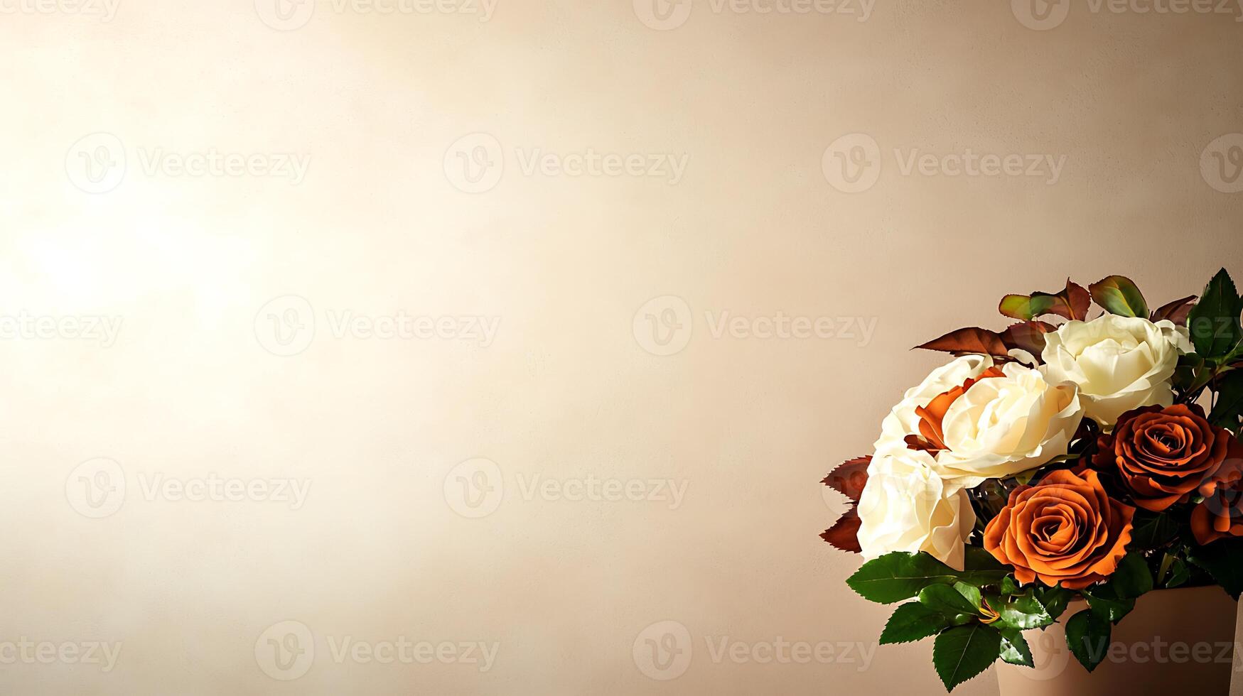 Elegant bouquet of white and orange roses against a soft, blurred background, creating a warm ambiance photo