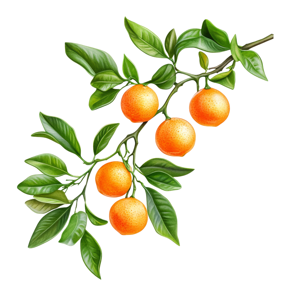 A branch of ripe mandarins with vibrant green leaves against a transparent background, Branch of delicious Mandarin on transparent background cutouts png