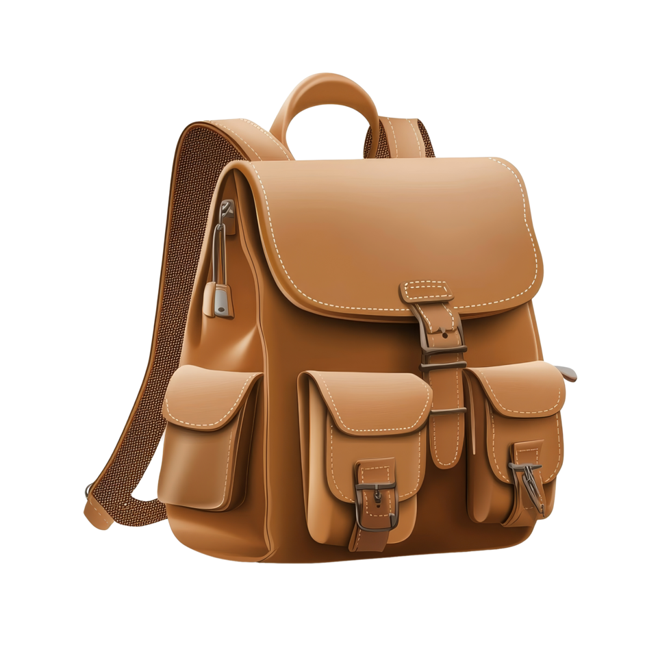 clássico Castanho mochila exibido Como a isolado objeto, destacando a artesanato e Projeto para à moda viagem, clássico Castanho mochila, Arquivo do isolado objeto com sombra em transparente png