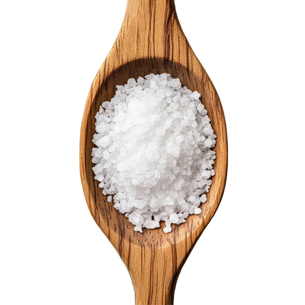 Salt in a wooden spoon on transparent background, capturing the essence of cooking ingredients and natural elements, Salt in woodn spoon isolated on transparent background png