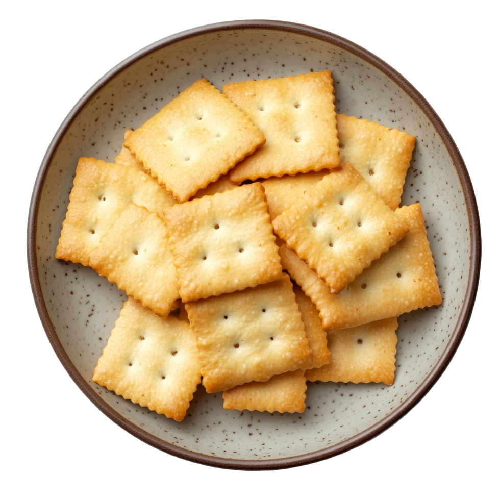 Crunchy golden crackers arranged neatly on a simple brown plate isolated against a clean transparent background, Cracker in plate isolated on transparent background png