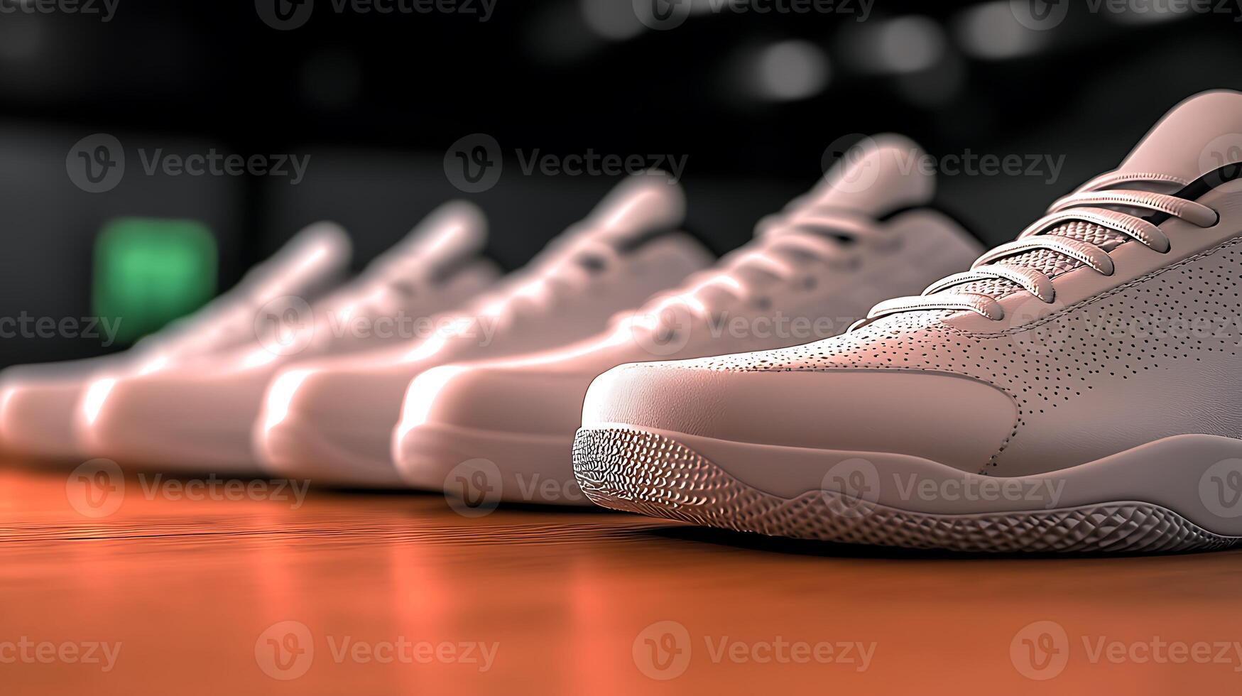 Close-up of multiple pairs of stylish white sneakers arranged in a modern indoor setting photo