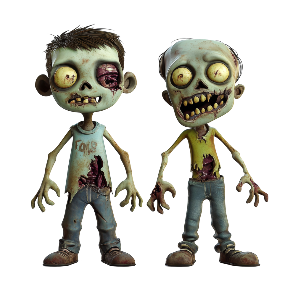Cartoon zombie characters standing on a transparent background with a humorous and spooky appearance, 3D Cartoon Zombie Characters on transparent background png