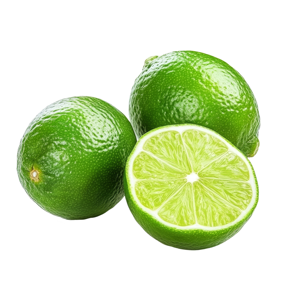 Fresh limes, one cut in half, placed on a clean transparent background, showcasing their vibrant green color and texture, lime on transparent background png