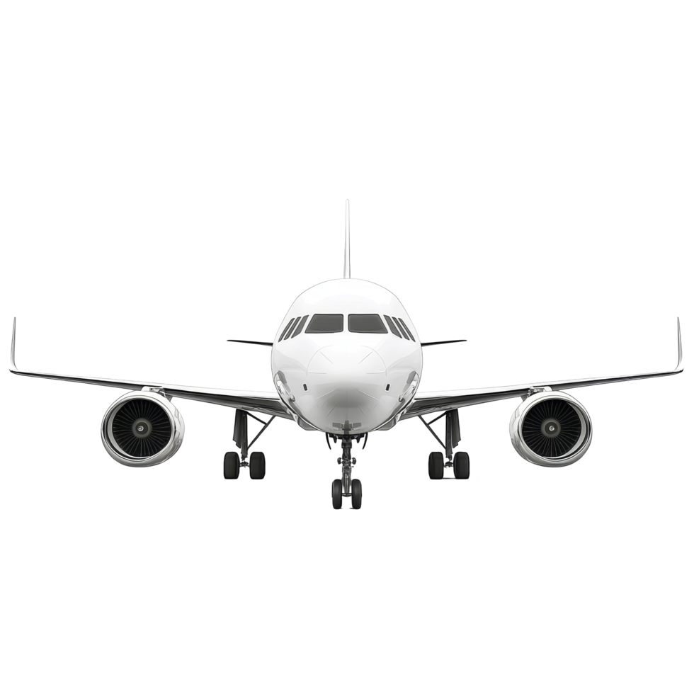 A front view of a modern airplane on a clean transparent backdrop showcasing its sleek design and powerful engines, Front View of Airplane on transparent background png