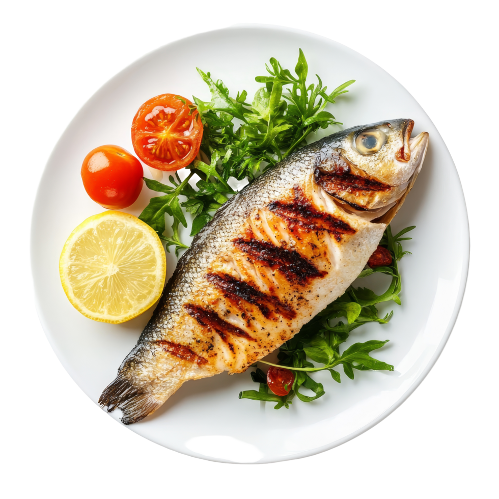 A gourmet grilled fish fillet served on a transparent plate with fresh greens and garnished with lemon and tomatoes, Plate of gourmet grilled fish fillet on transparent background png
