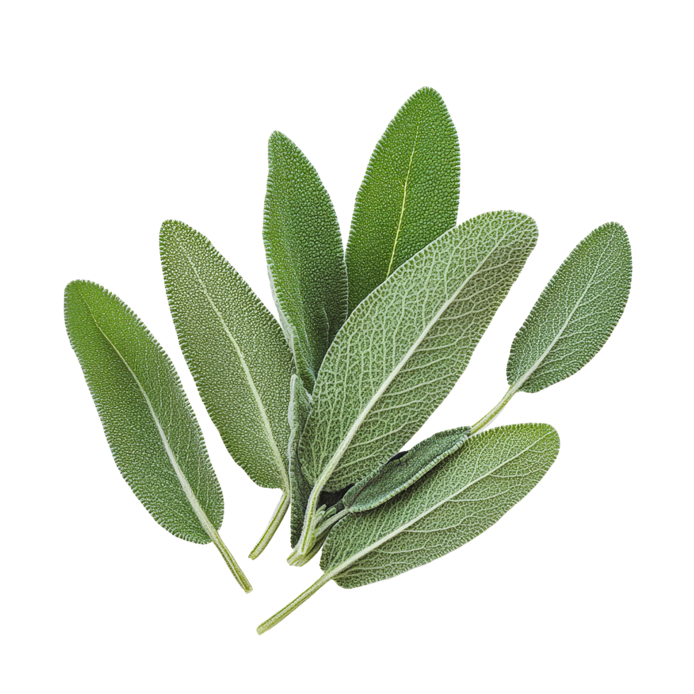 Fresh sage herb leaves isolated against a clean transparent background for culinary and medicinal uses, Sage herb leaves isolated on transparent background png