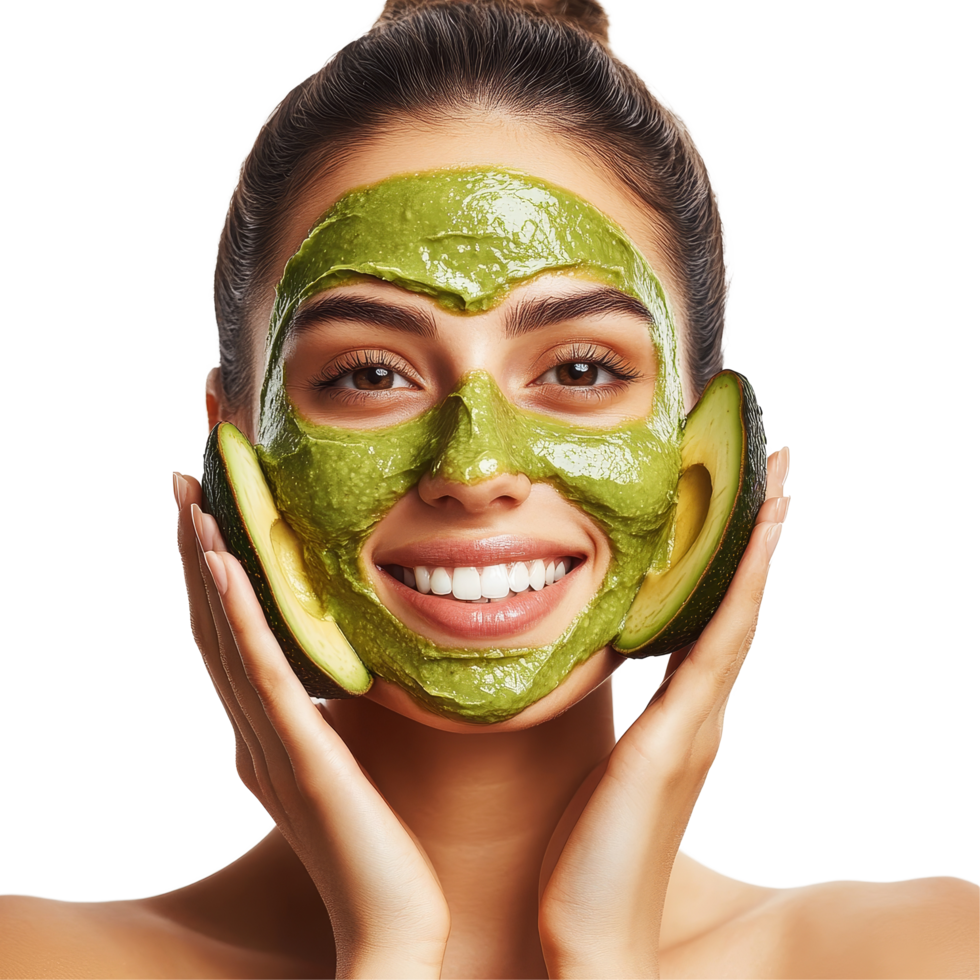 Happy woman enjoying a skincare treatment with avocado mask in a bright studio setting, Beauty Skincare and Happy Woman in Studio with Avocado Face Mask on transparent background png