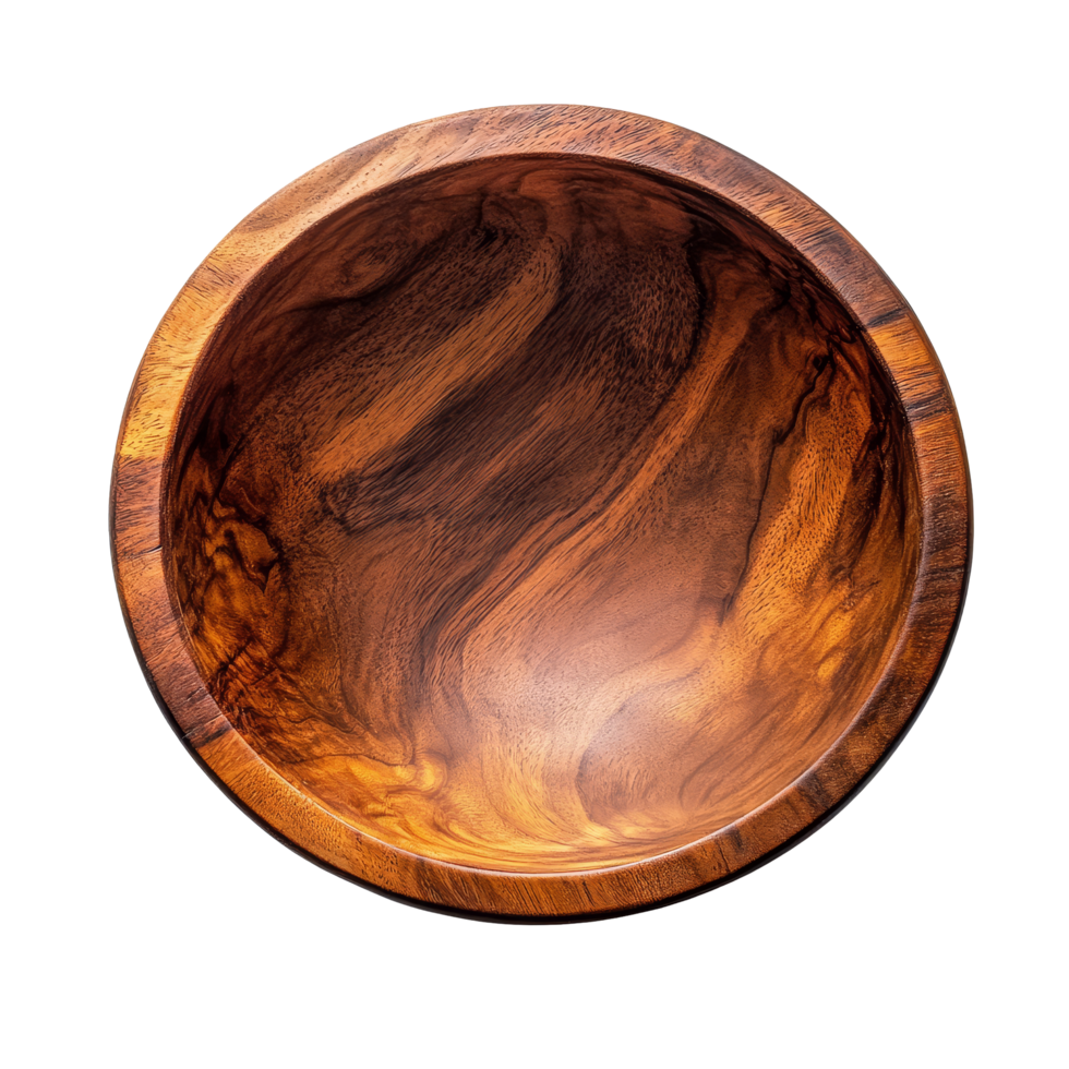 Top view of a beautifully crafted wooden bowl on a clean transparent background highlighting natural textures and colors, top view wood bowl on transparent background png