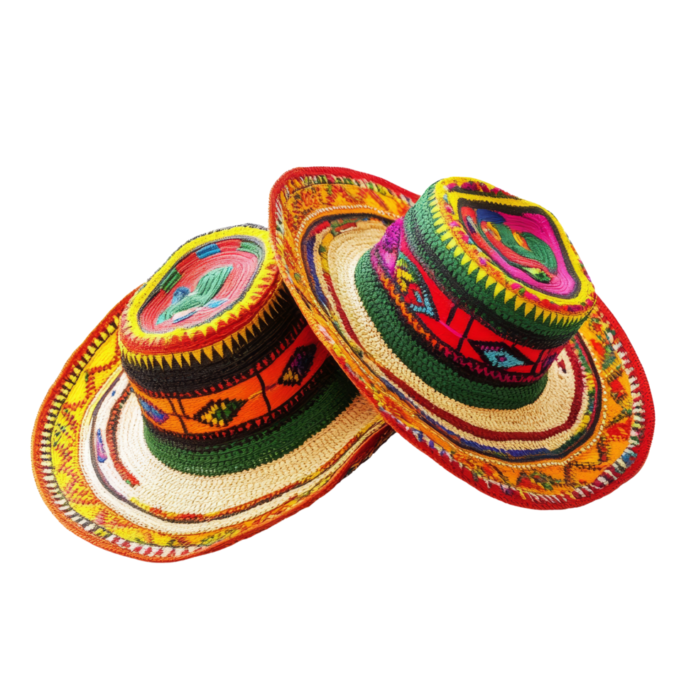Traditional colorful Mexican hats displayed on a transparent background, showcasing vibrant designs and craftsmanship, Traditional Mexican Hats on transparent background png