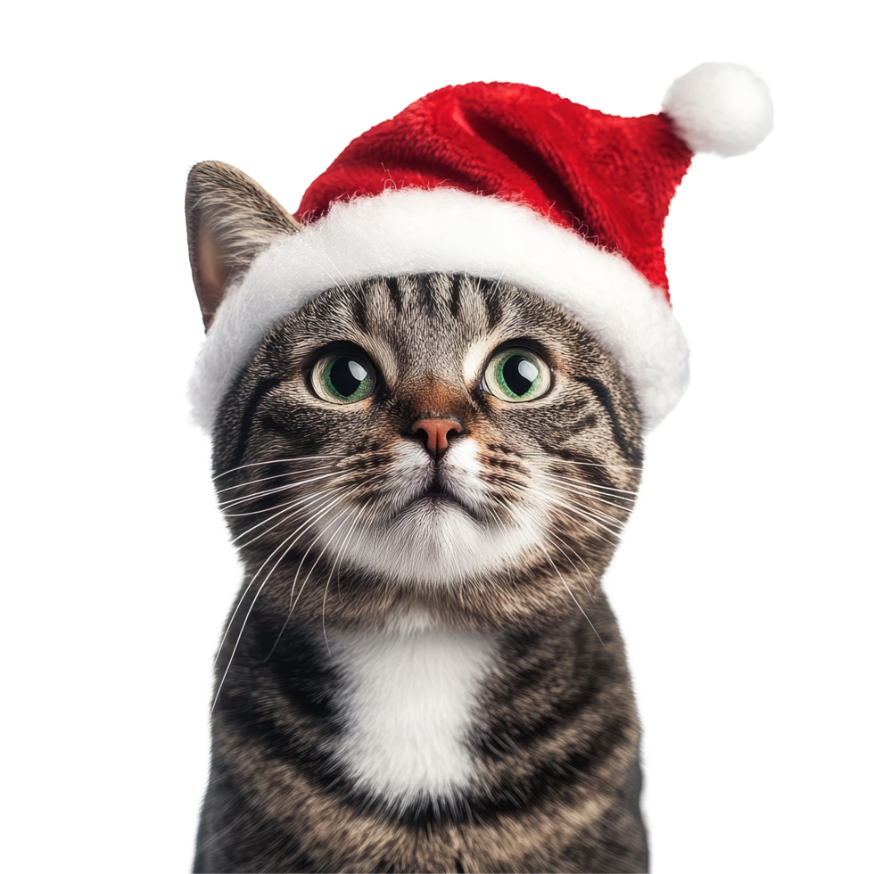 A festive cat in a red Christmas hat sits against a transparent background, ready for holiday celebrations and cheerful moments, Cat wearing a christmas hat isolated on transparent background png