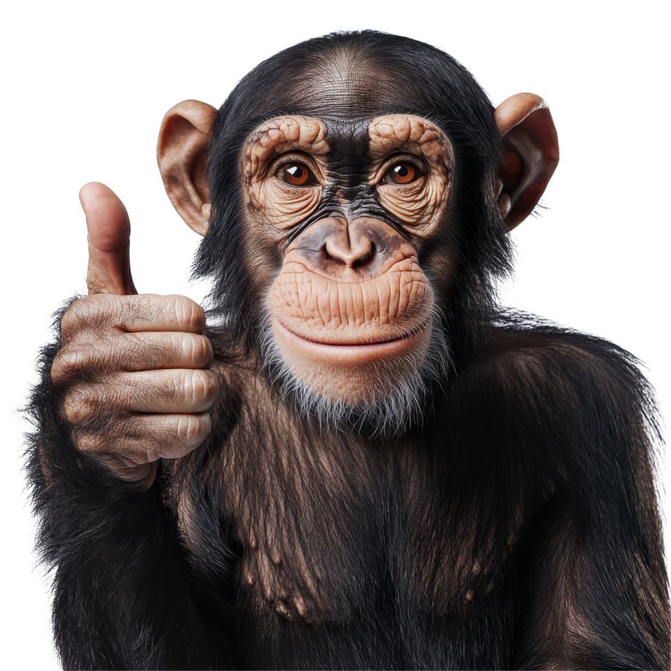 Chimpanzee giving a thumbs up gesture against a clean transparent background, symbolizing positivity and approval in a unique expression, Chimpanzee Giving ThumbsUp Isolated on transparent background png