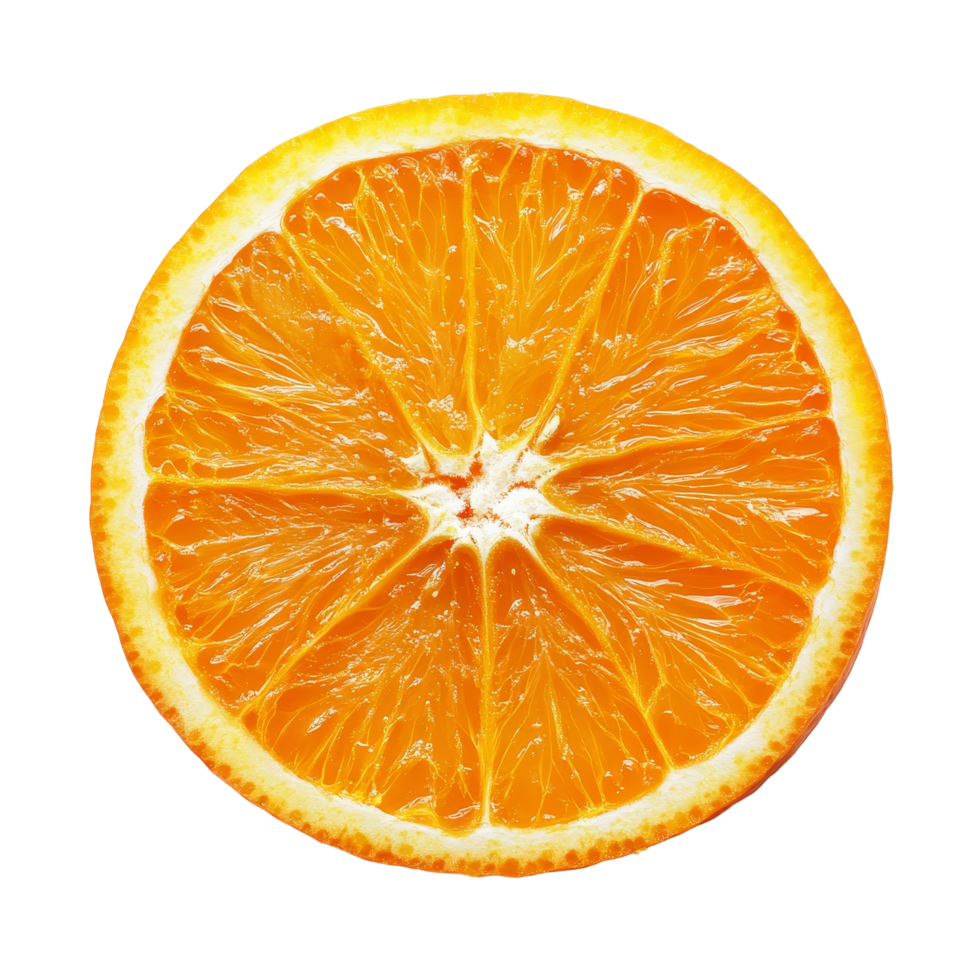 Fresh orange slice isolated on a clean transparent background highlighting its vibrant color and juicy texture, Orang slice isolated on transparent background png