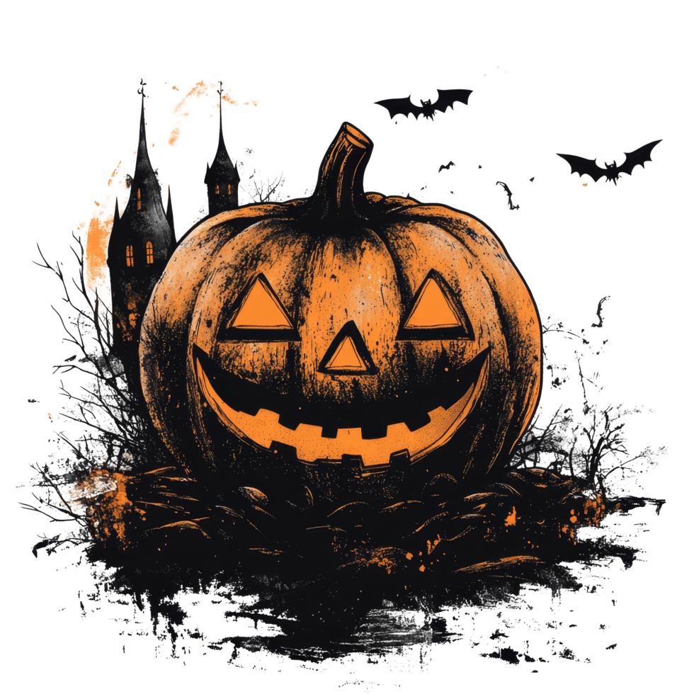 Spooky Halloween pumpkin tshirt design featuring a haunted house and bats on a transparent background, Halloween tshirt design icon on transparent background png
