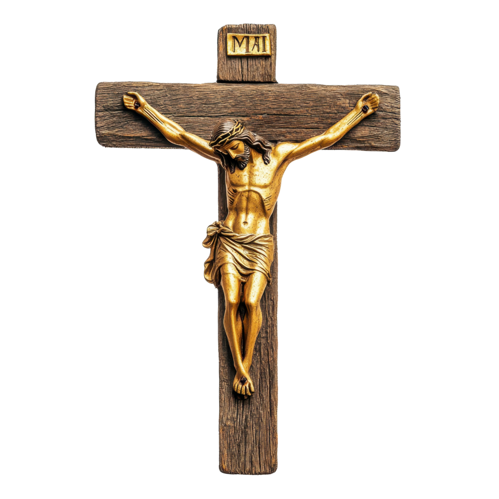 Golden Jesus figure on a wooden cross isolated in a serene background, golden Jesus figure at a wooden cross isolated at White background png