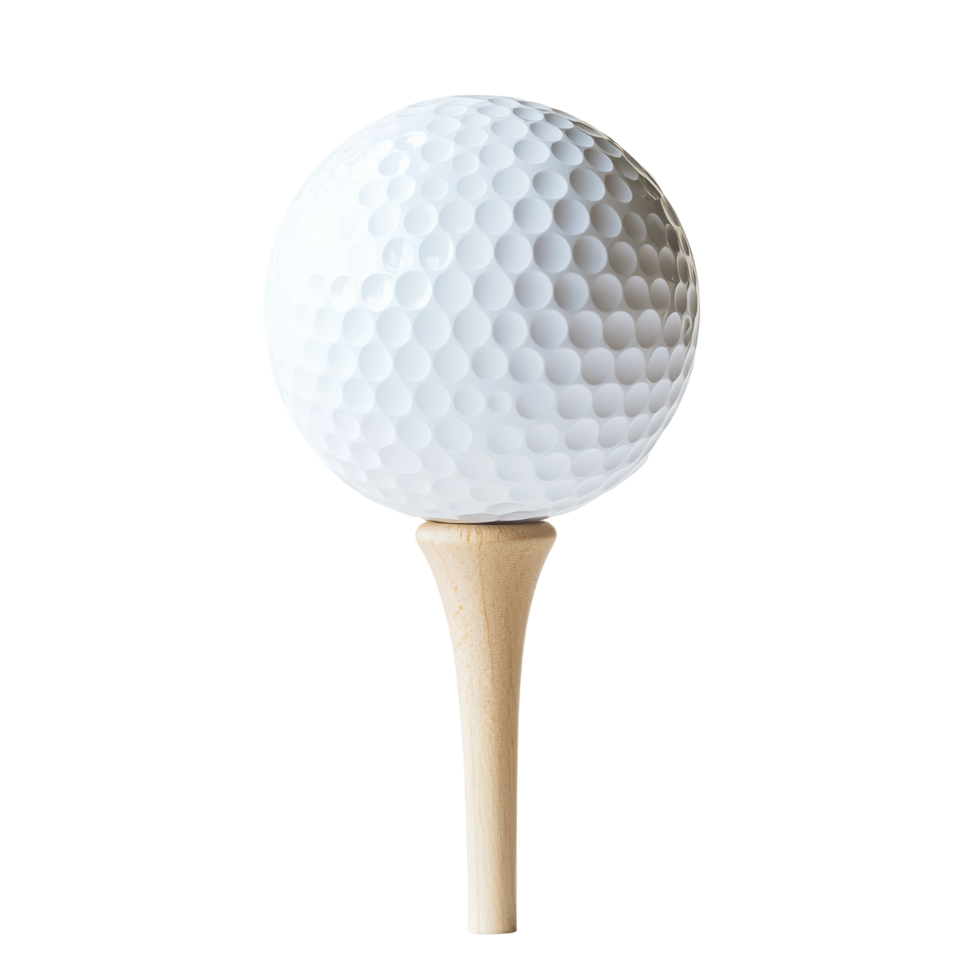 Golf ball resting on a tee against a plain white background ideal for showcasing golfing essentials, Golf Ball on a Tee, white background png