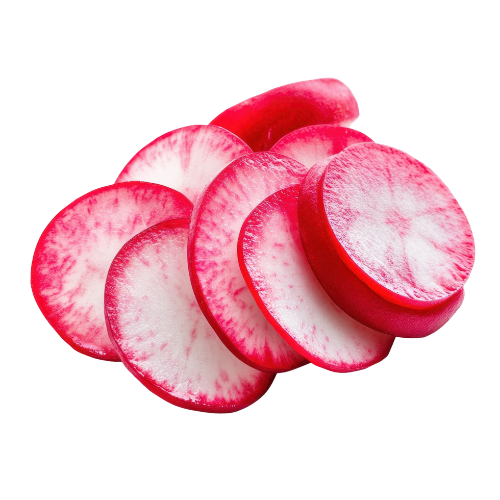 Freshly sliced radishes on a clean Transparent background ready for culinary use, slice radishes isolated on background png