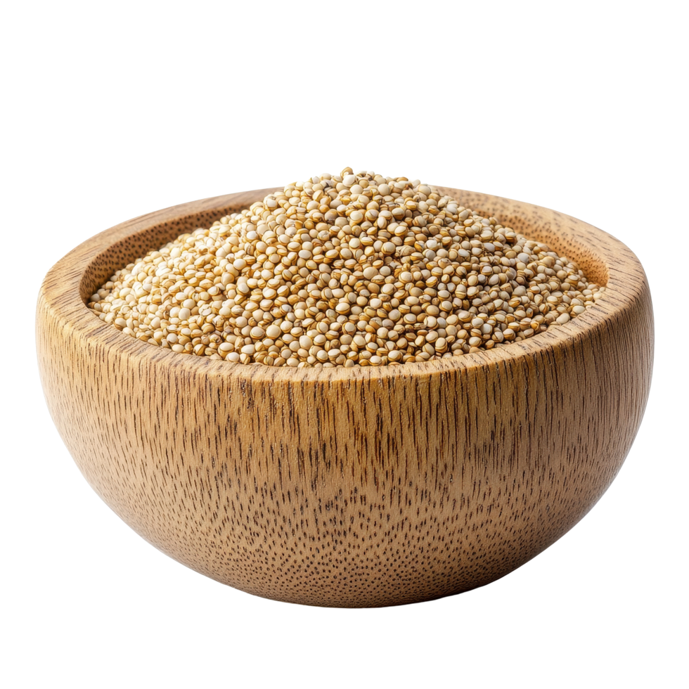 Quinoa seeds in a wooden bowl on a Transparent background highlighting natural food presentation, Quinoa seeds in wood bowl isolated on background png