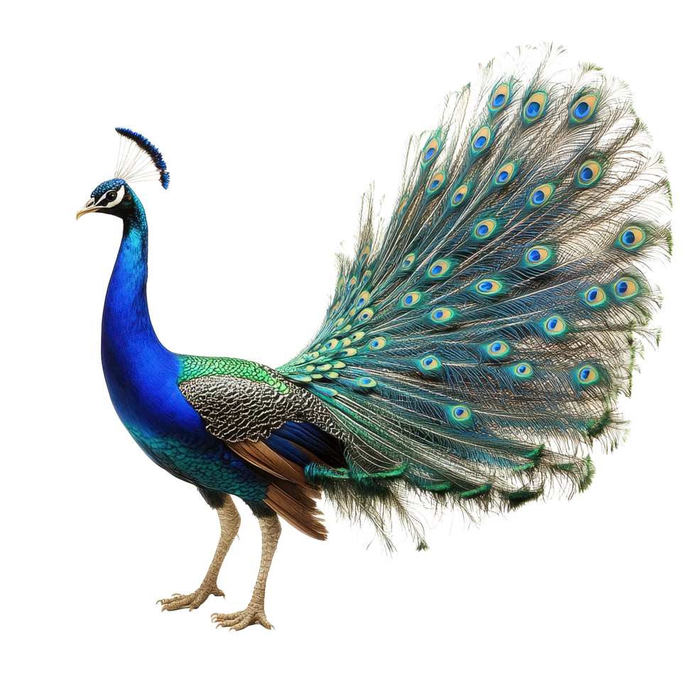 Peacock displays vibrant tail feathers in a stunning display of color and texture in a serene setting, peacock with its tail spread out and its feathers spread, Transparent background png
