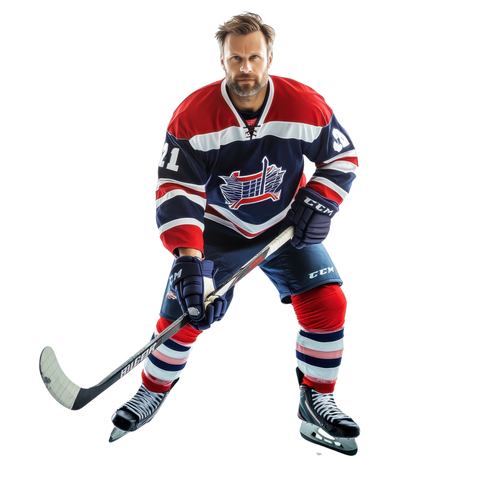 Professional hockey player posing with equipment against a bright background, Hockey player in Professional Uniform, white background png