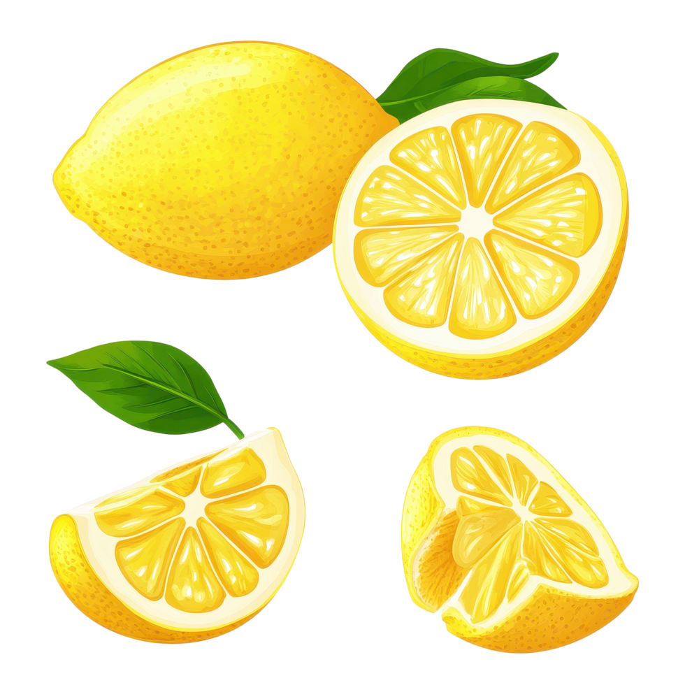 Fresh and juicy lemons with slices showcasing vibrant yellow color and natural texture, ripe lemon fruit half and slices isolated, Fresh and Juicy LemonTransparent background png