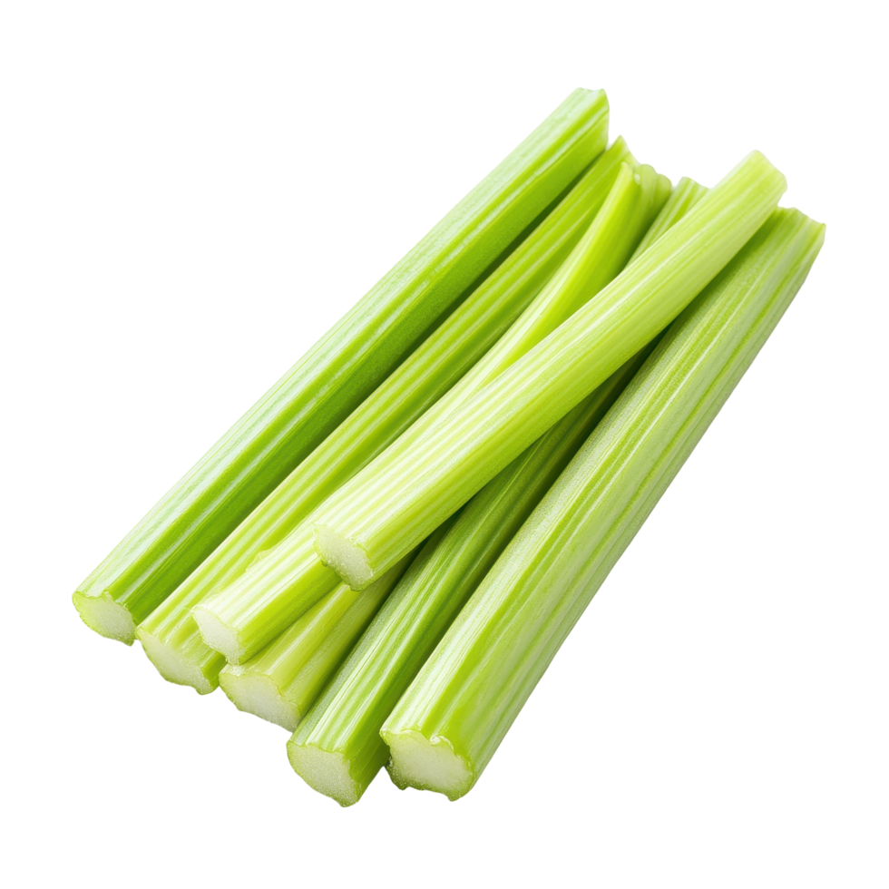 Fresh celery sticks arranged on a white background perfect for healthy snacks and recipes, Celery sticks on white background png