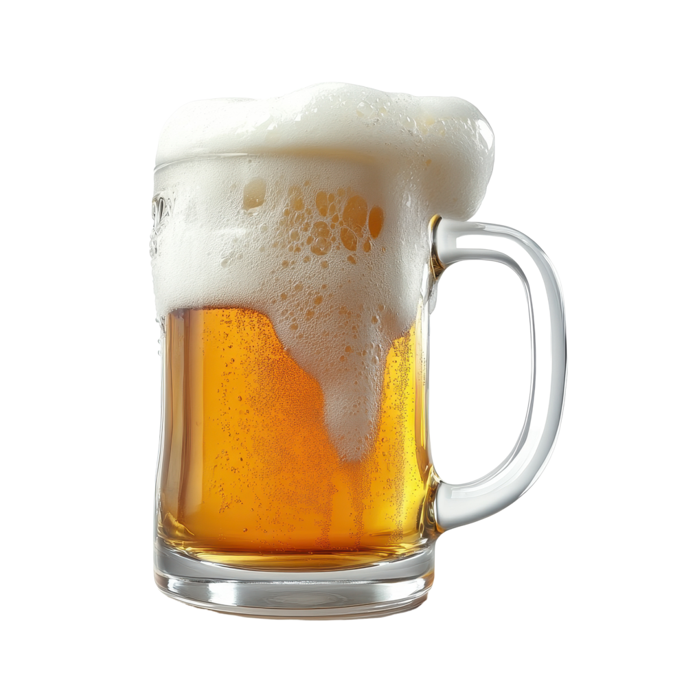 Freshly poured beer in a frosty mug showcasing rich foam isolated on a Transparent background, Mug fresh beer with cap foamisolated on background png