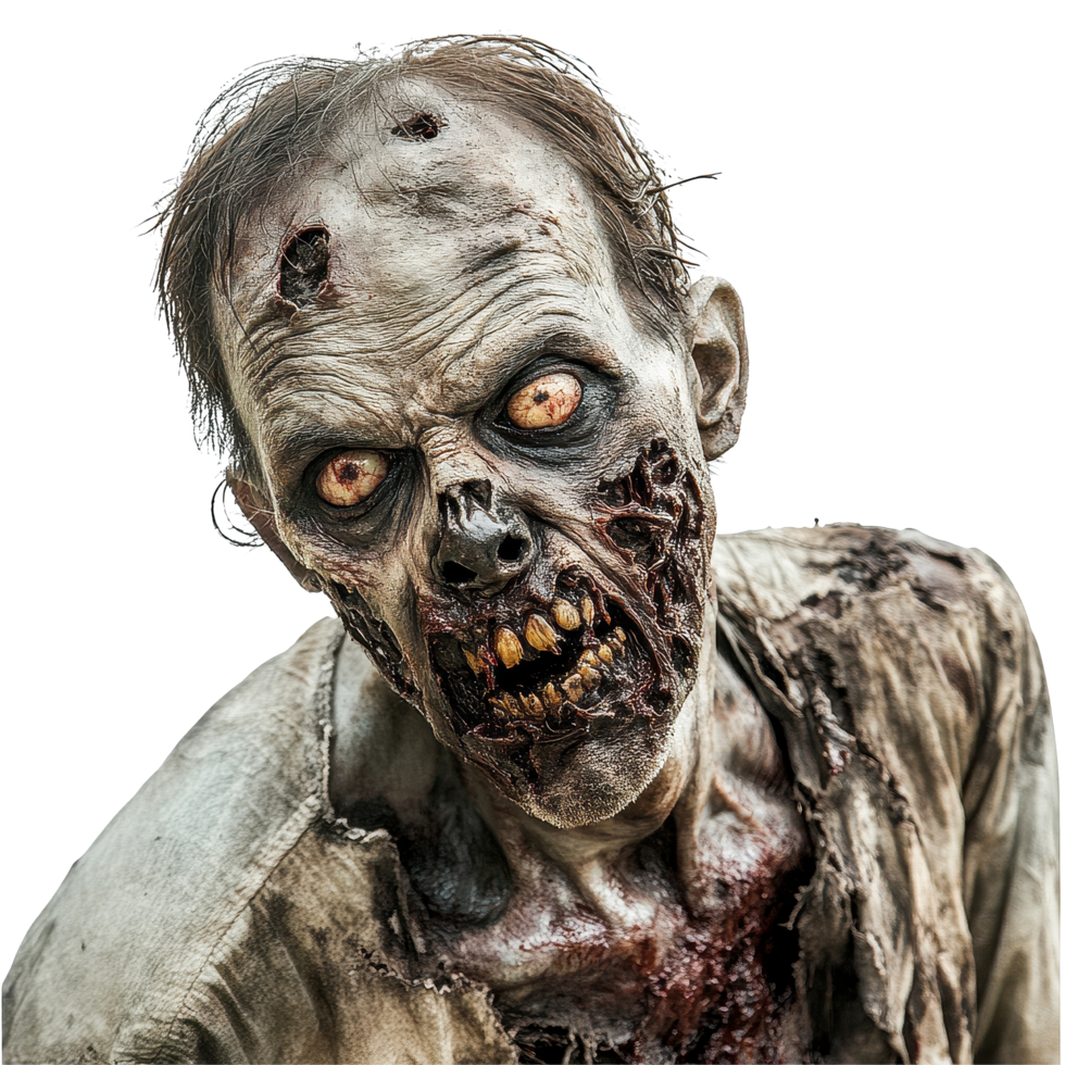 Terrifying zombie with decaying skin and haunting stare on Transparent background creates eerie atmosphere, Terrifying zombie facing the camera on background png