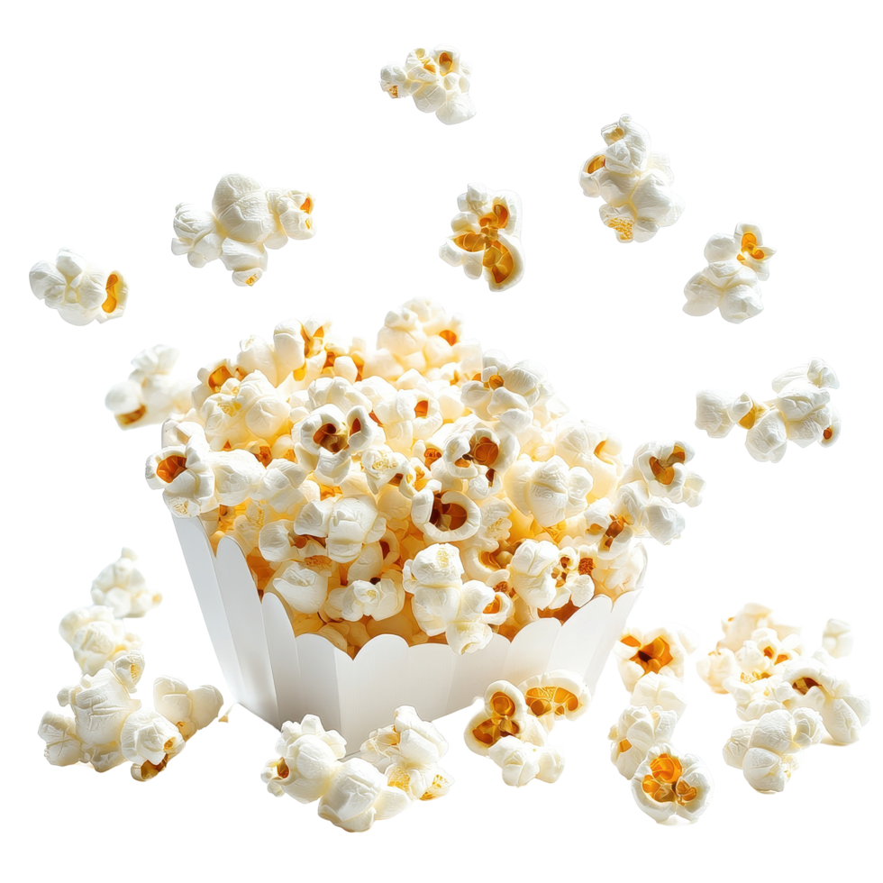 Freshly popped popcorn spilling from a classic container against a bright Transparent background, Popcorn isolated on background png
