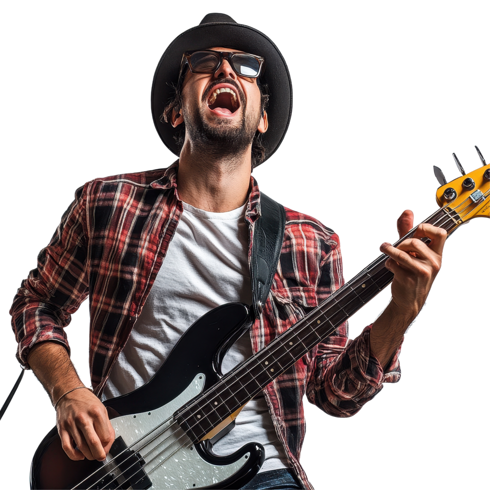 Man performing live music while playing bass guitar and singing on a Transparent background, Man playing bass guitar and singing on white png