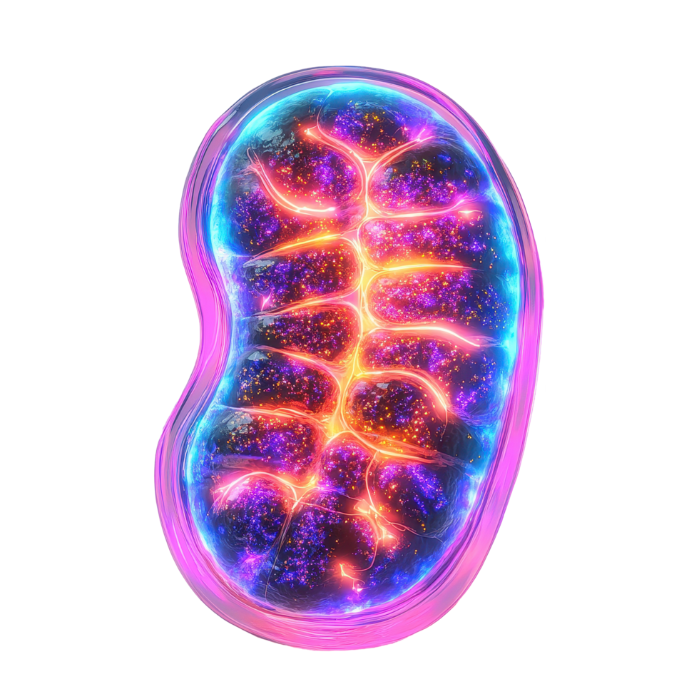 Mitochondria illuminated with dark neon light effect on a Transparent background, Mitochondria with dark neon light effect background png