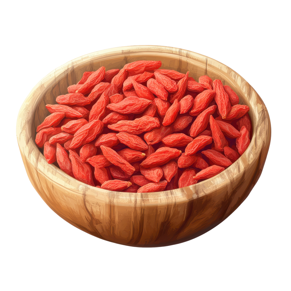 Dried goji berries in a wooden bowl showcasing their vibrant color and texture, dried goji berries in wood bowl transparent png